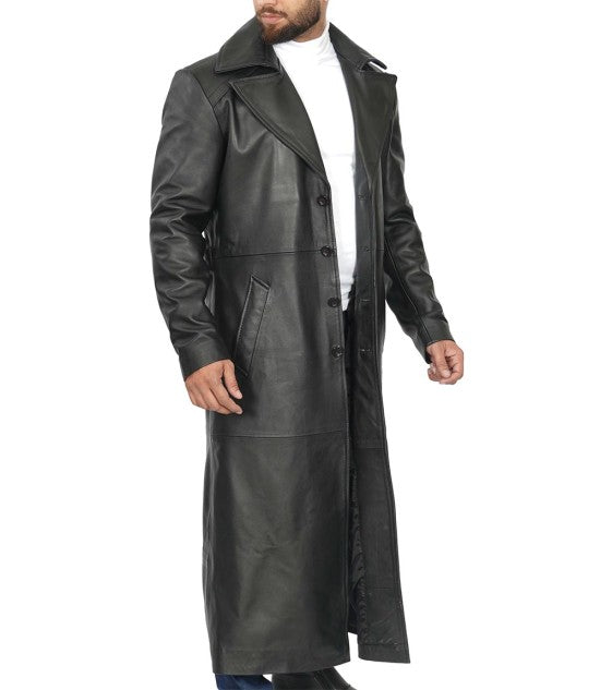 Men's Classic Black Leather Duster Coat