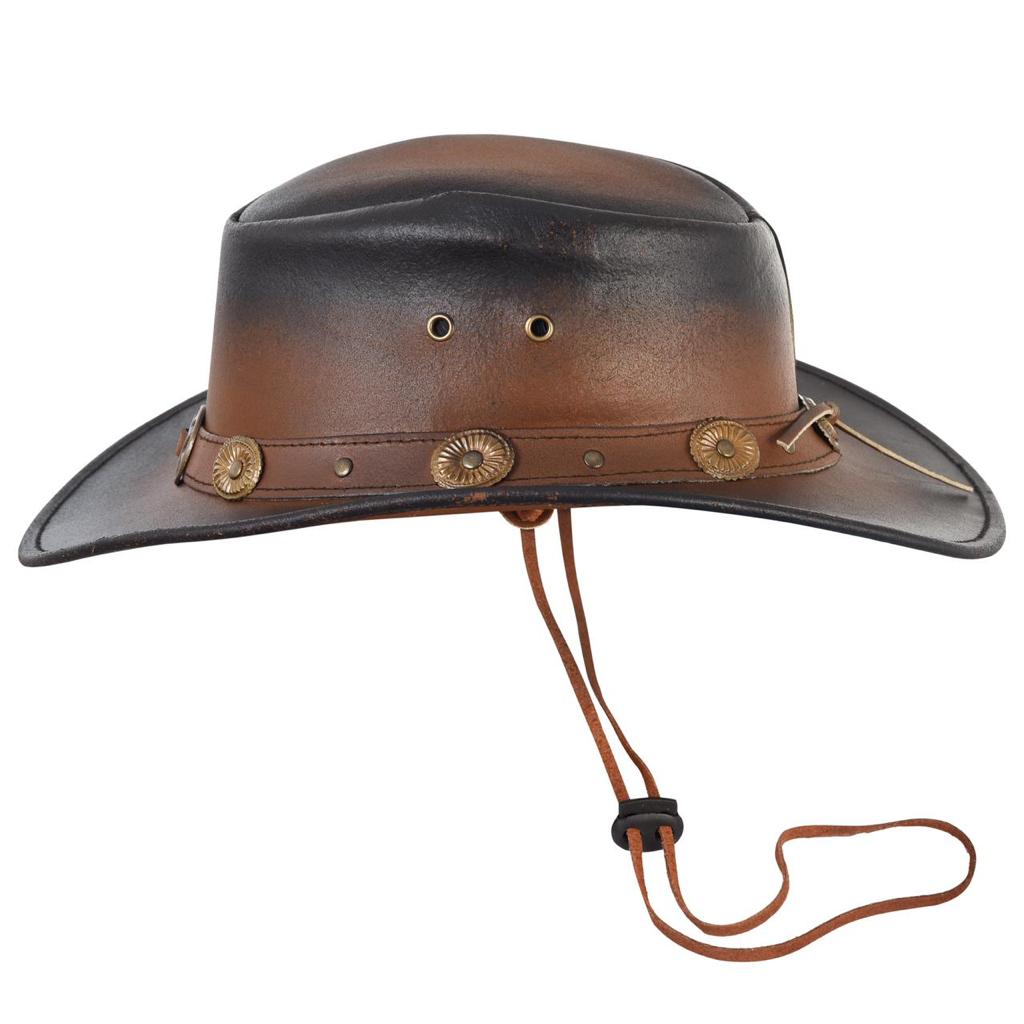 Large Brim Dual Tone Genuine Cow Leather Fancy Unisex Cowboy Hat - XL / Brown