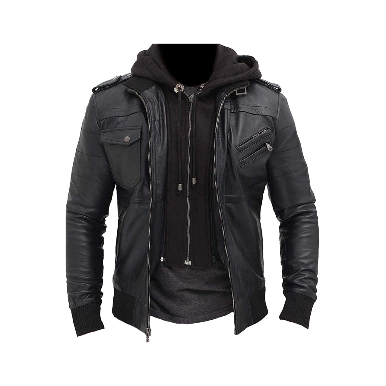 Men's Black Biker Style Leather Bomber Jacket With Hood