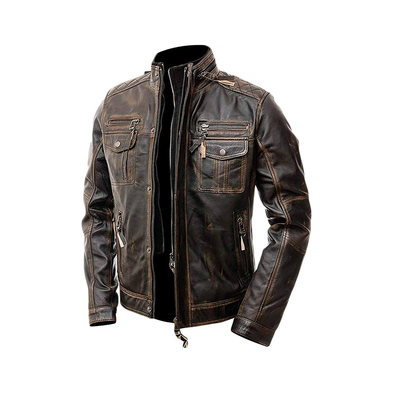 Men's Genuine Leather Brown Vintage Cafe Racer Jacket