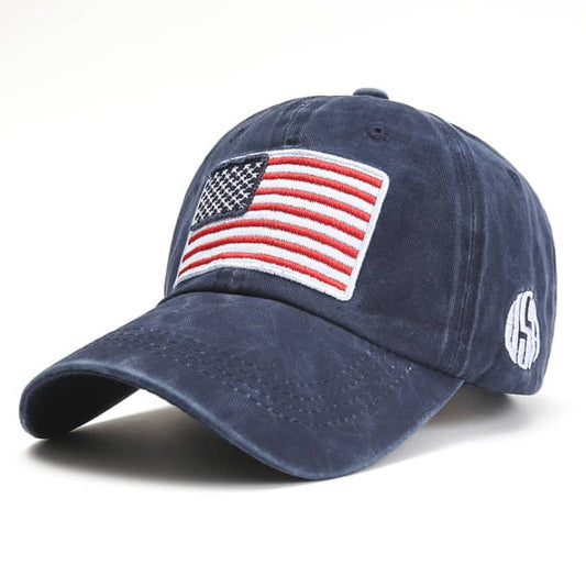 Blue Fitted Hat with American Flag Cotton Soft Baseball Cap