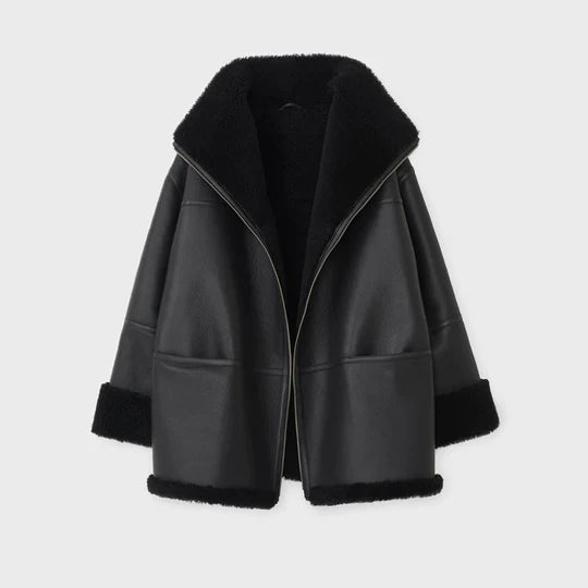 Black Oversized Shearling Leather Jacket Womens