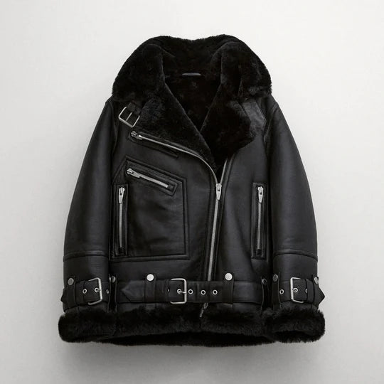 Sherpa Leather Black Women's B-3 Bomber Jacket
