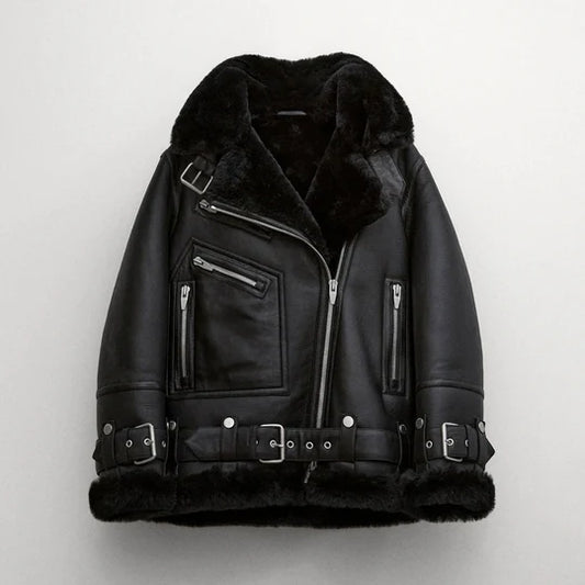 Sherpa Leather Black Women's B-3 Bomber Jacket