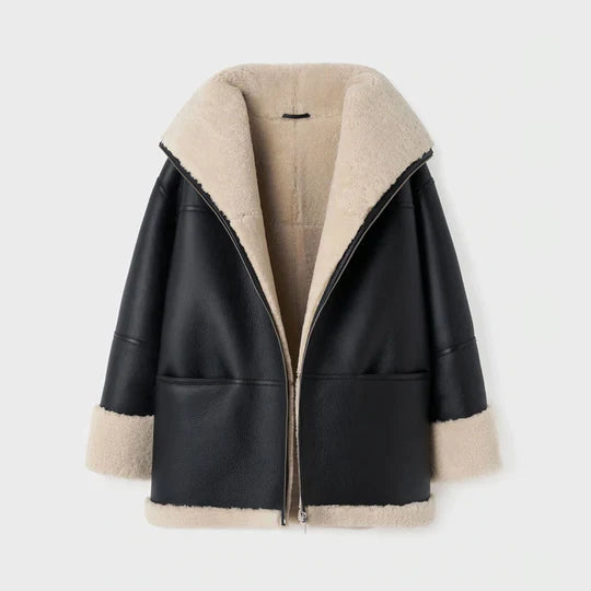 Women Oversized Black Leather Shearling Jacket