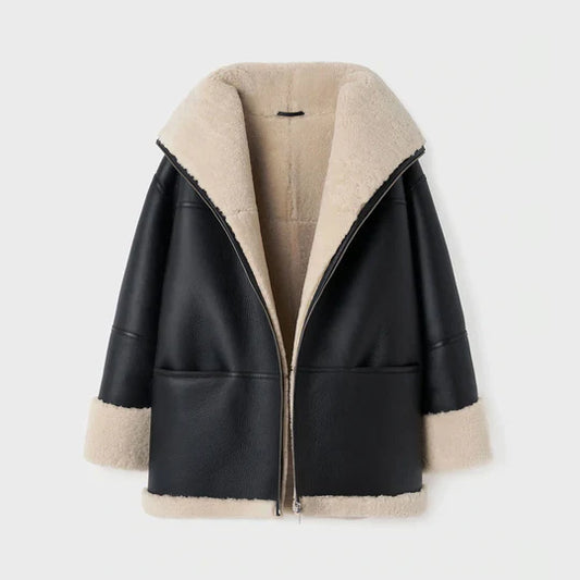 Women Oversized Black Leather Shearling Jacket