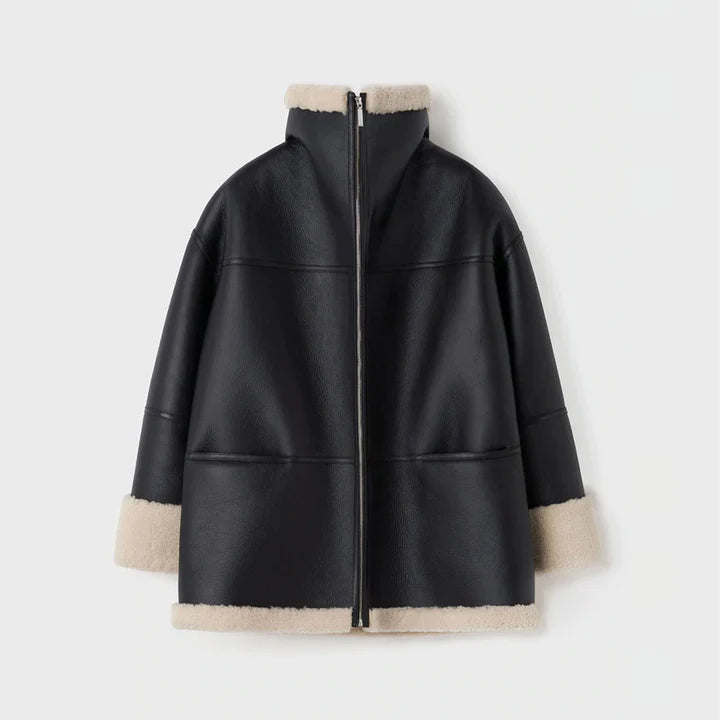 Women Oversized Black Leather Shearling Jacket