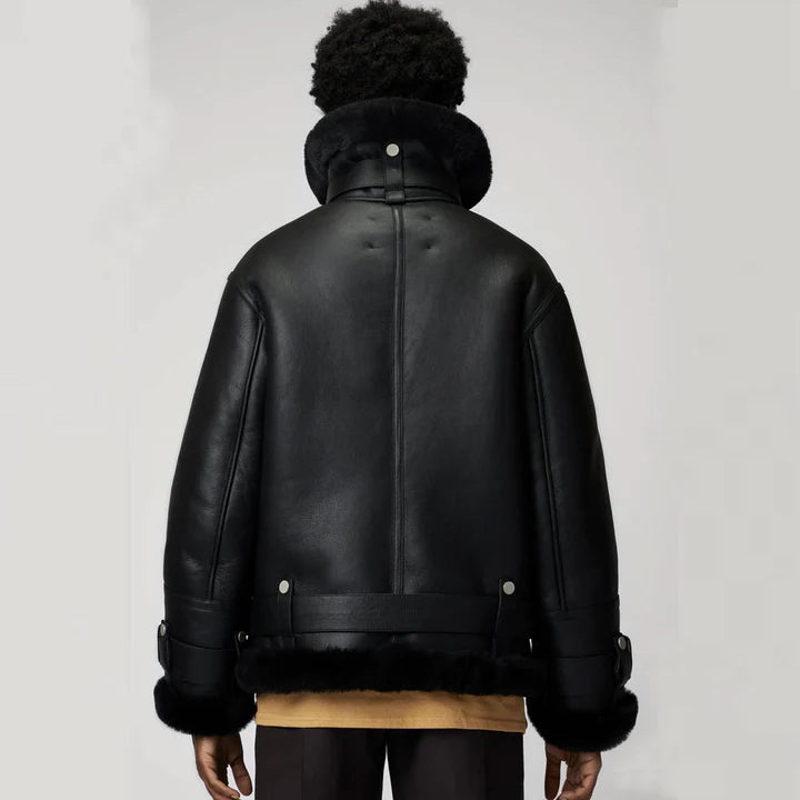 Sherpa Leather Black Women's B-3 Bomber Jacket