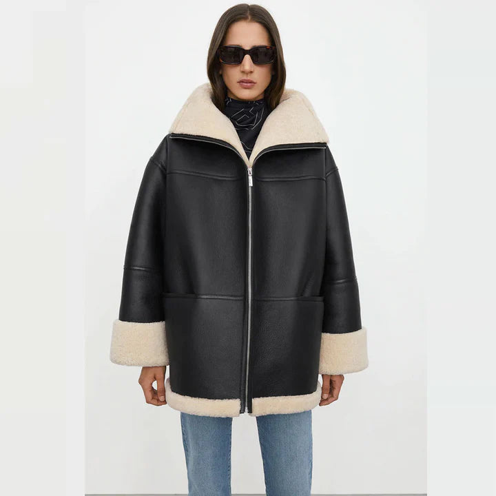 Women Oversized Black Leather Shearling Jacket