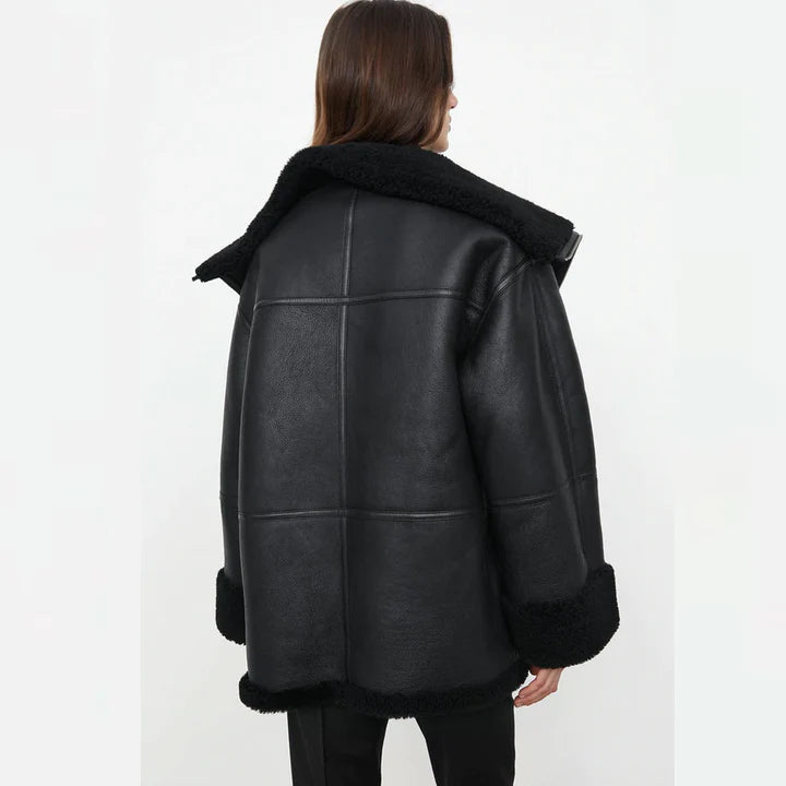 Black Oversized Shearling Leather Jacket Womens
