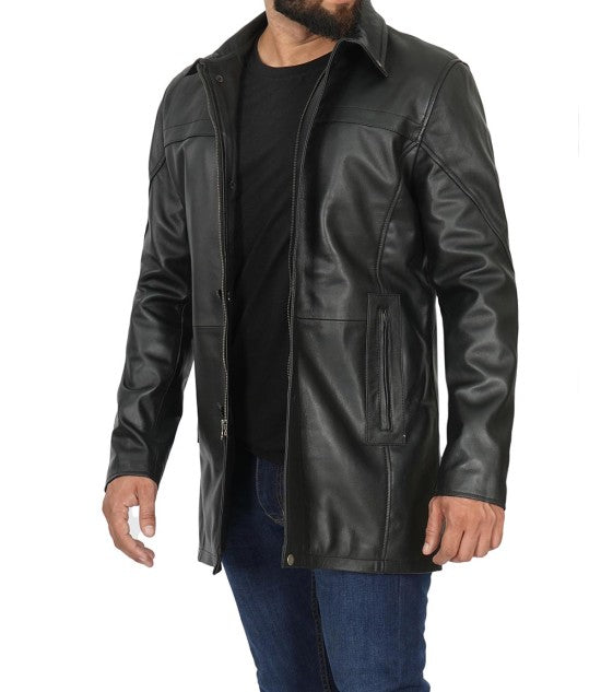 Black Lambskin Mens Leather Car Coat