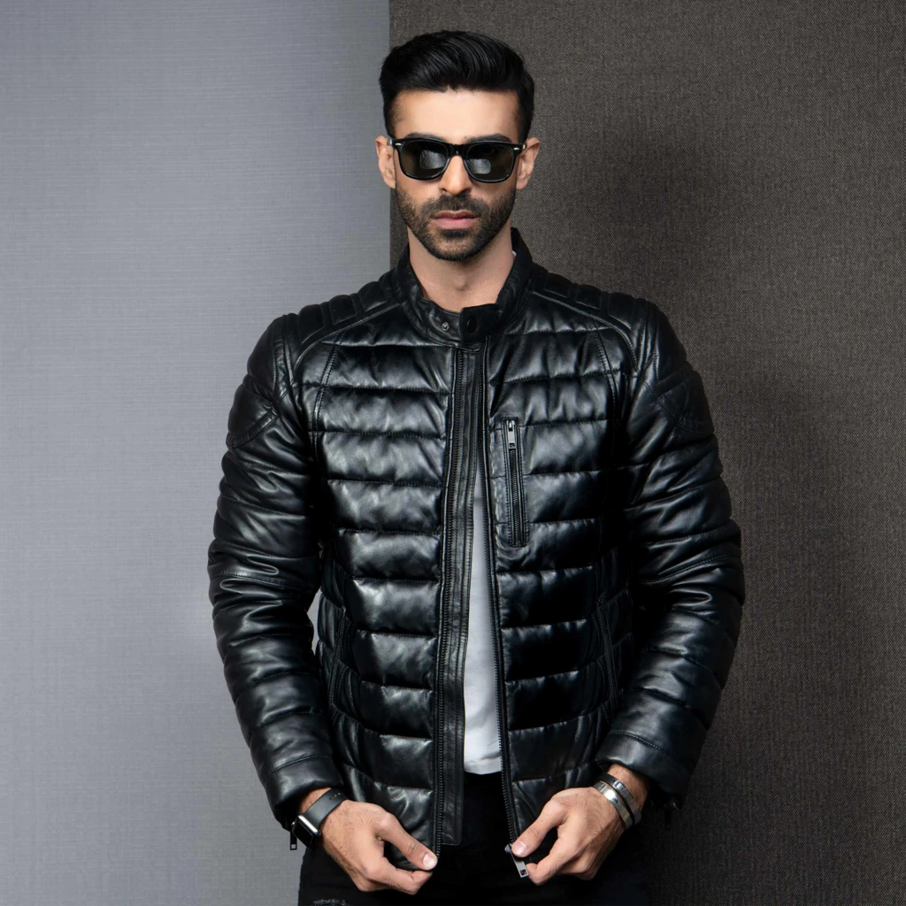 Mens leather puffer sales