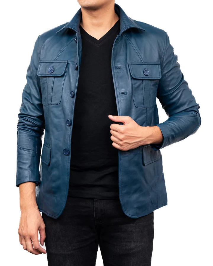 Men's Blue Leather Sports Coat 4 Pocket Leather Blazer Jacket