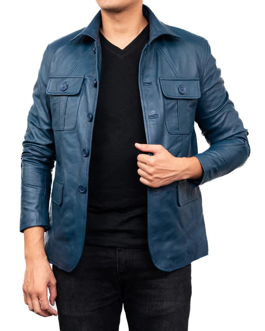 Men's Blue Leather Sports Coat 4 Pocket Leather Blazer Jacket