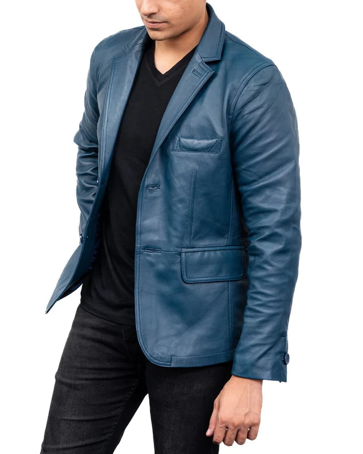 Men's Leather Blazer Jacket Classic 2-Button Leather Sports Coat