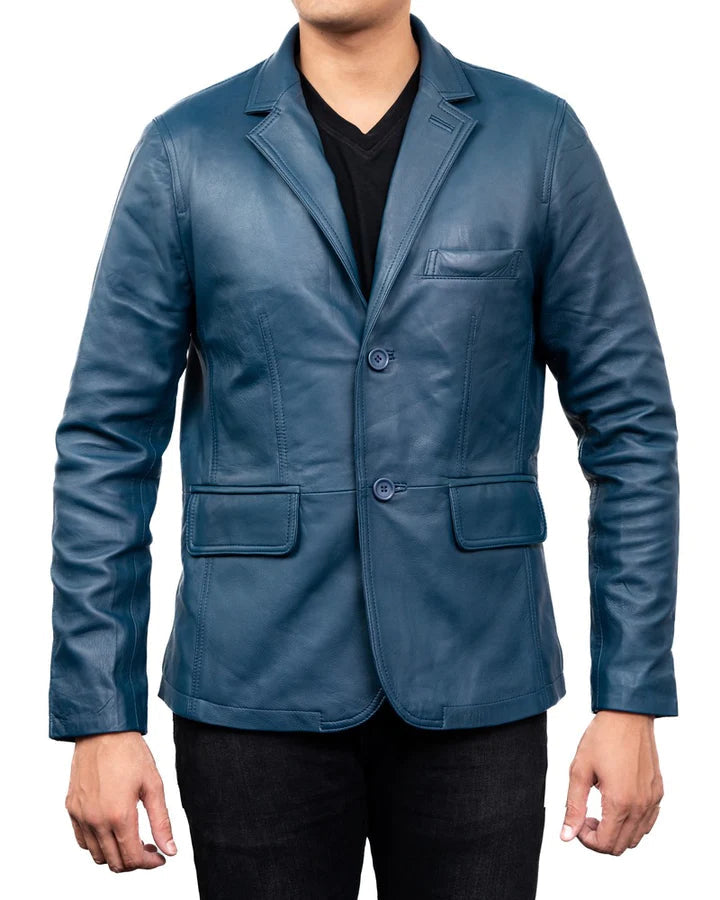 Men's Leather Blazer Jacket Classic 2-Button Leather Sports Coat