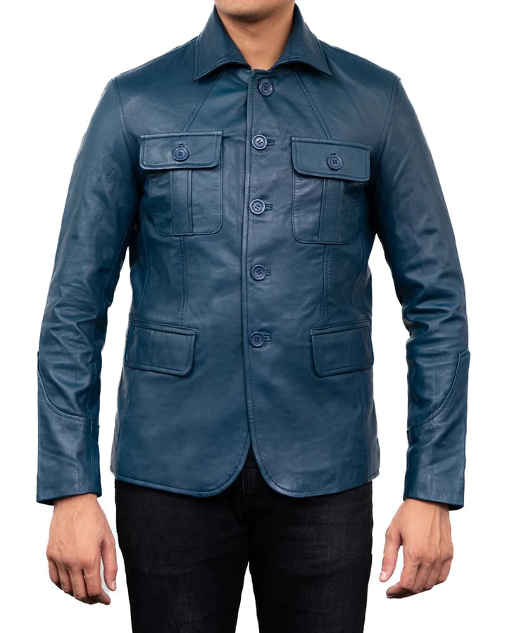 Men's Blue Leather Sports Coat 4 Pocket Leather Blazer Jacket