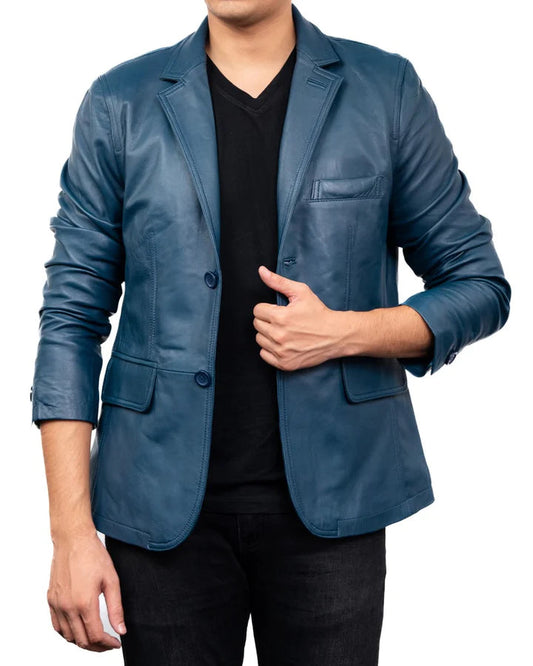 Men's Leather Blazer Jacket Classic 2-Button Leather Sports Coat