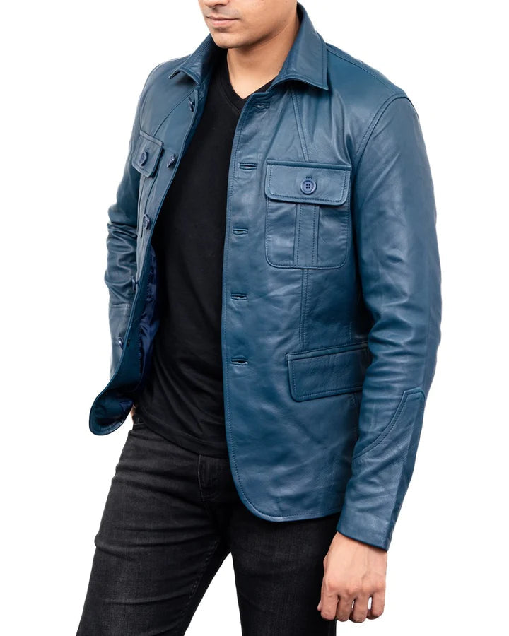 Men's Blue Leather Sports Coat 4 Pocket Leather Blazer Jacket