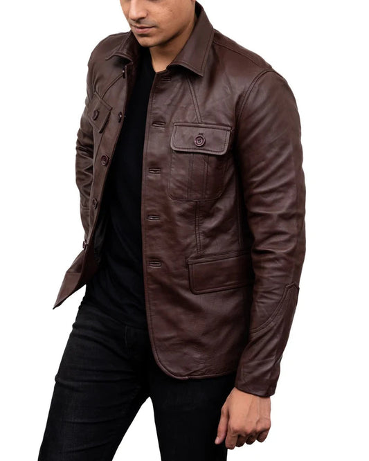 Men's Brown Leather Sports Coat 4 Pocket
