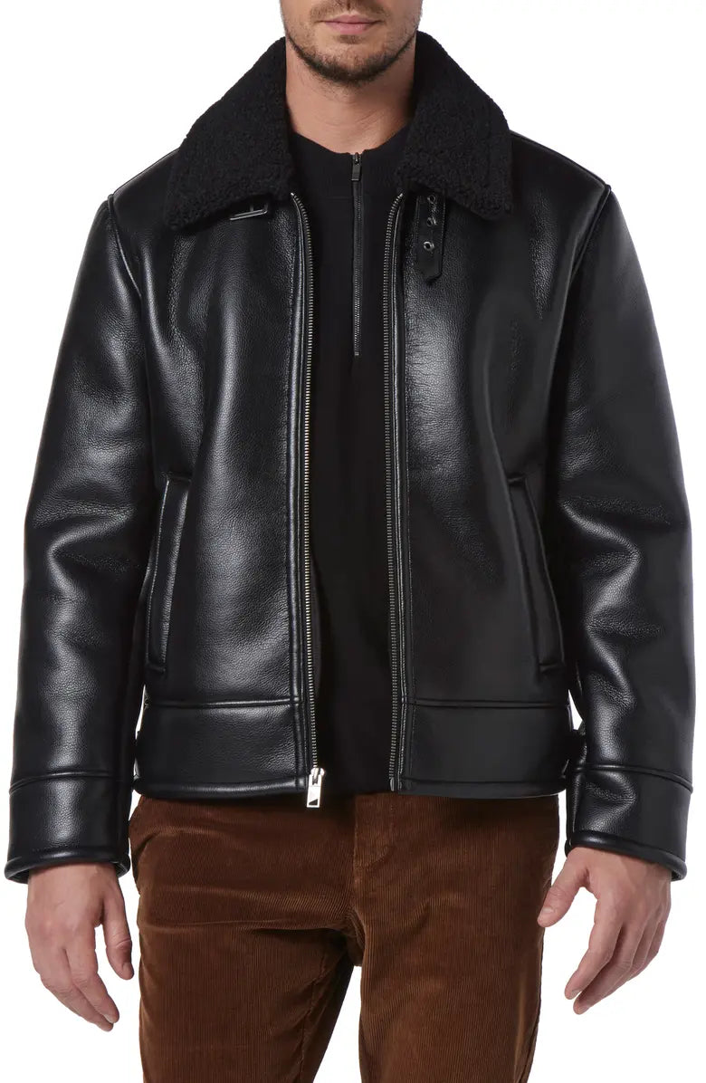 Shearling Collar Black Leather Pilot Jacket