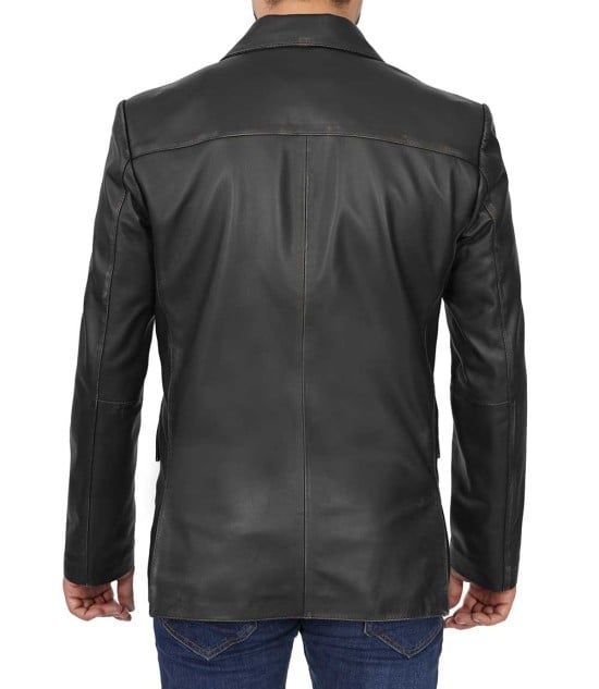 Men's Classic Genuine Black Leather Blazer Jacket