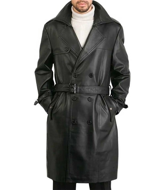 Mens Leather Trench Coat Full Length Black