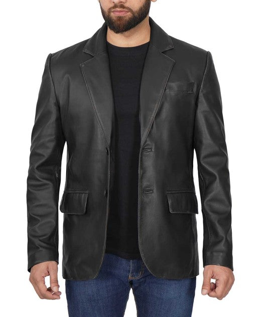 Men's Classic Genuine Black Leather Blazer Jacket