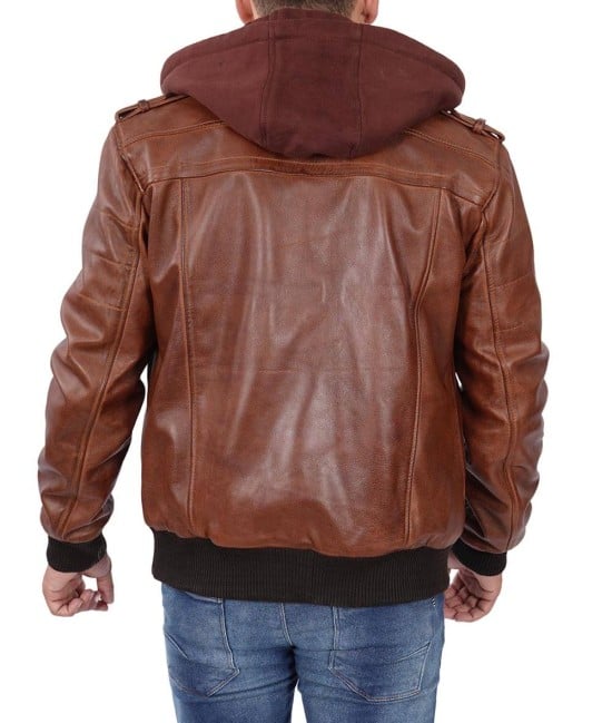 Brown Leather Bomber Jacket for Men with Removable Hood