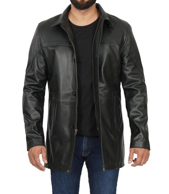 Black Lambskin Mens Leather Car Coat