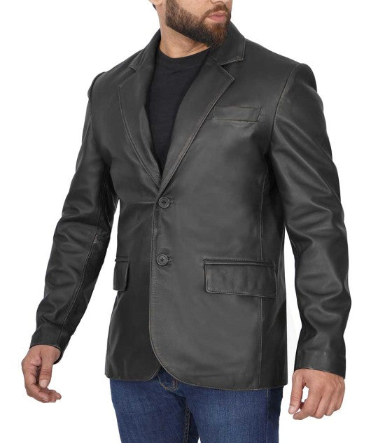 Men's Classic Genuine Black Leather Blazer Jacket