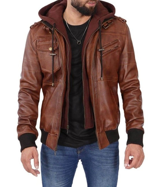 Brown Leather Bomber Jacket for Men with Removable Hood