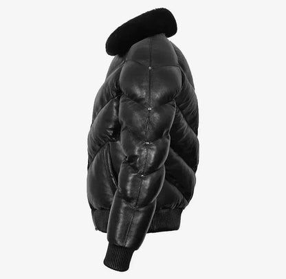 Men's Black Leather Puffer Bomber Jacket with Sherpa Collar