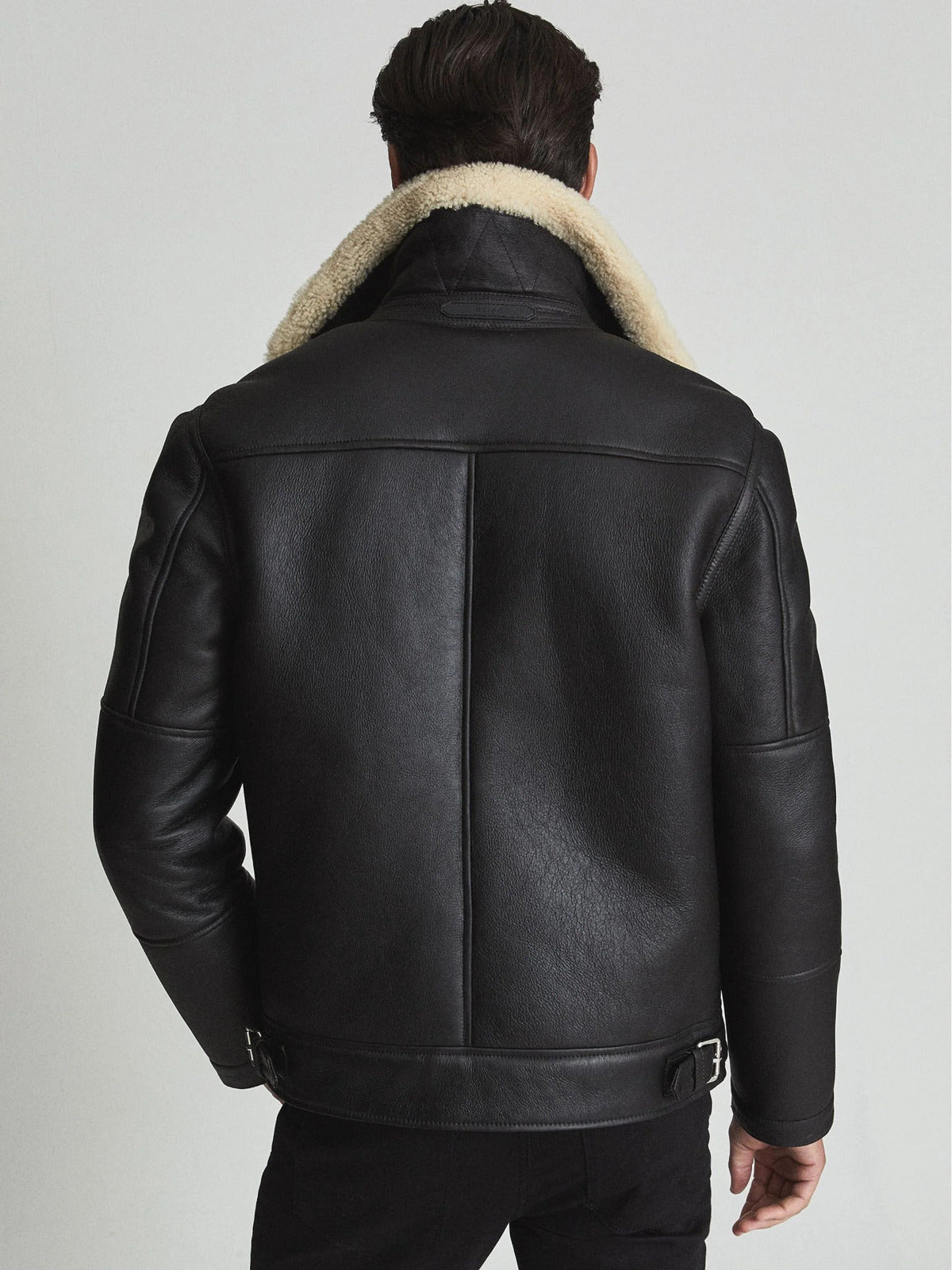 Men’s Black Leather Biker Jacket with Cream Shearling Collar