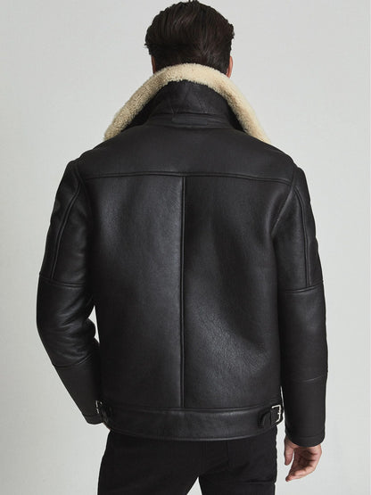Men’s Black Leather Biker Jacket with Cream Shearling Collar