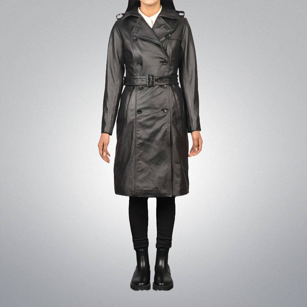 Women's Black Double Breasted Leather Trench Coat with Belt