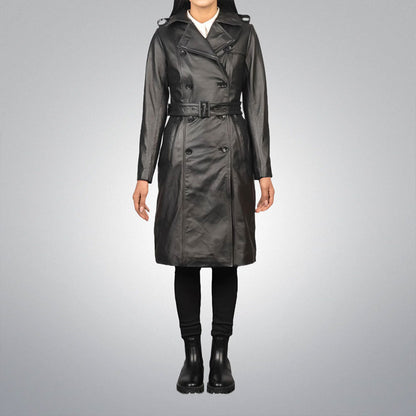 Women's Black Double Breasted Leather Trench Coat with Belt