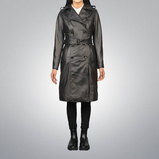 Women's Black Double Breasted Leather Trench Coat with Belt