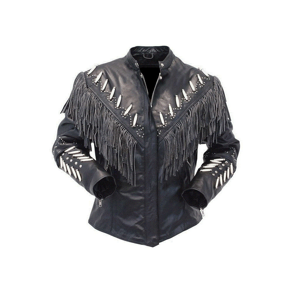 Women’s Black Western Studded Fringe Leather Jacket