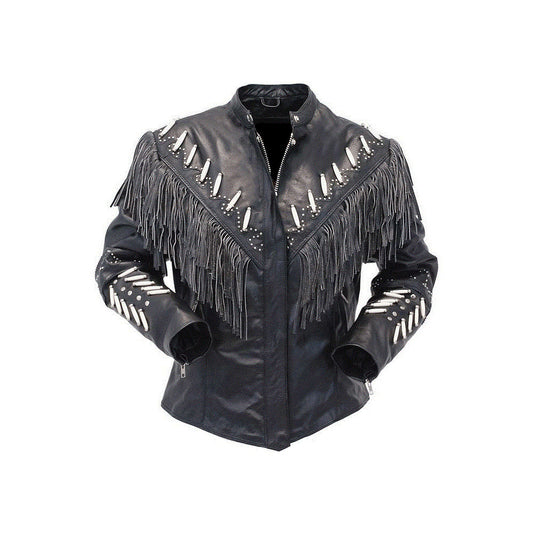 Women’s Black Western Studded Fringe Leather Jacket