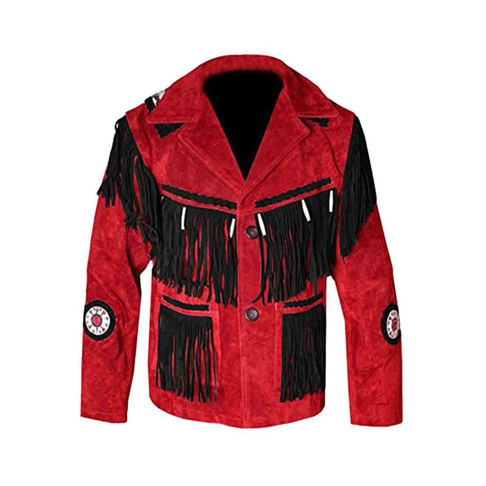 Men’s Red & Black Western Suede Fringe Jacket with Embroidered Detailing