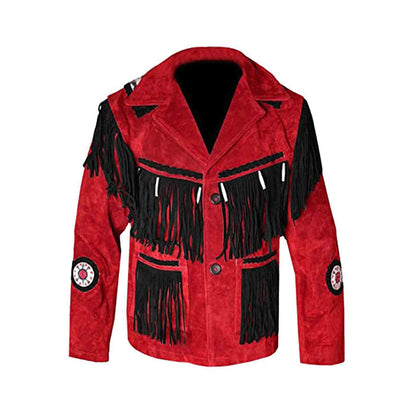 Men’s Red & Black Western Suede Fringe Jacket with Embroidered Detailing