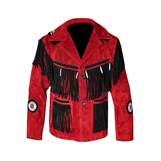 Men’s Red & Black Western Suede Fringe Jacket with Embroidered Detailing