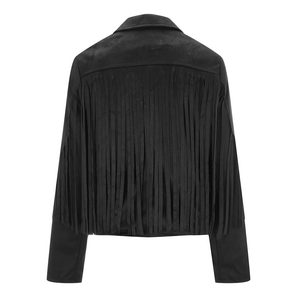 Women’s Classic Black Western Leather Jacket with Fringe Detailing