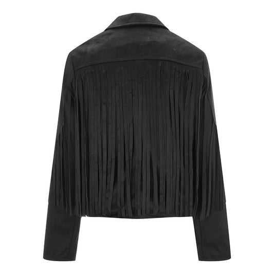 Women’s Classic Black Western Leather Jacket with Fringe Detailing