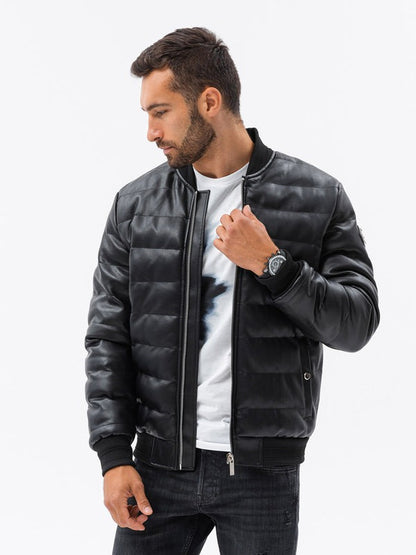 Men’s Black Quilted Leather Puffer Bomber Jacket