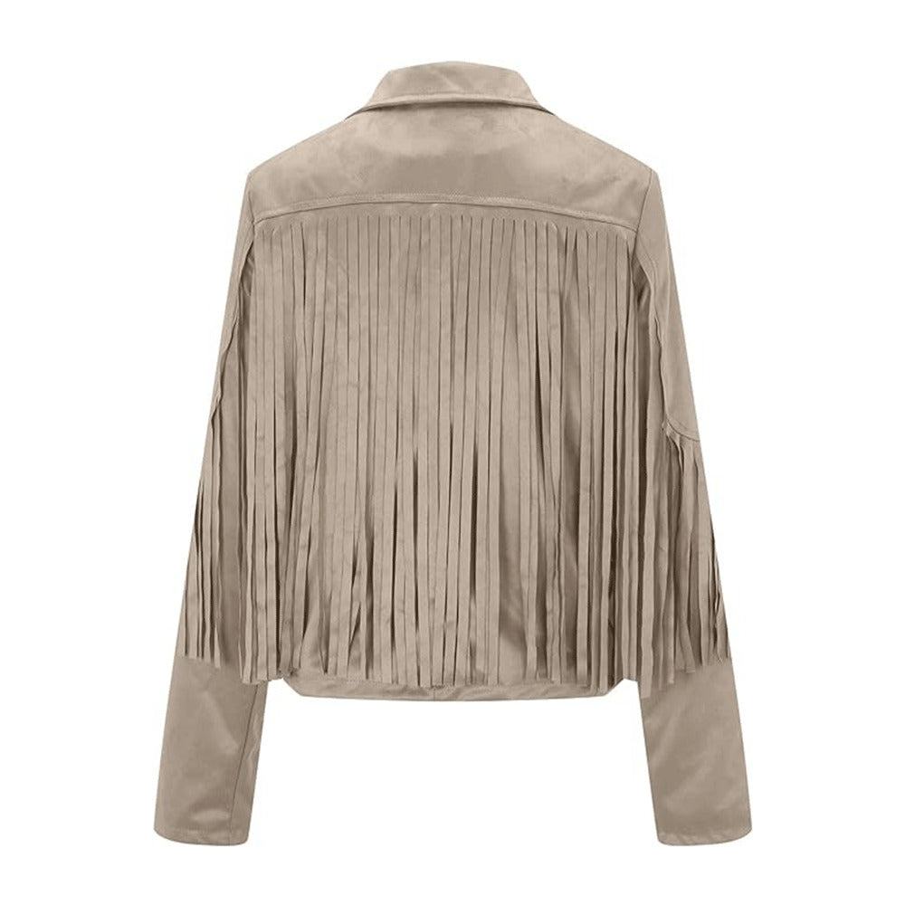 Women’s Classic Western Beige Suede Leather Jacket with Fringe Detailing