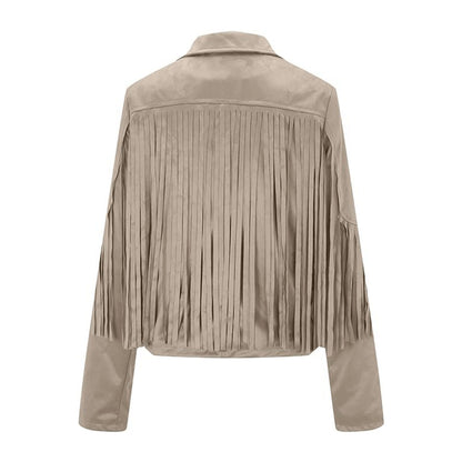 Women’s Classic Western Beige Suede Leather Jacket with Fringe Detailing