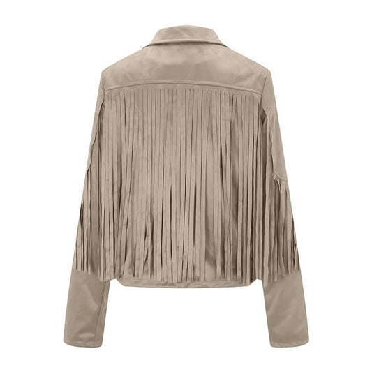 Women’s Classic Western Beige Suede Leather Jacket with Fringe Detailing