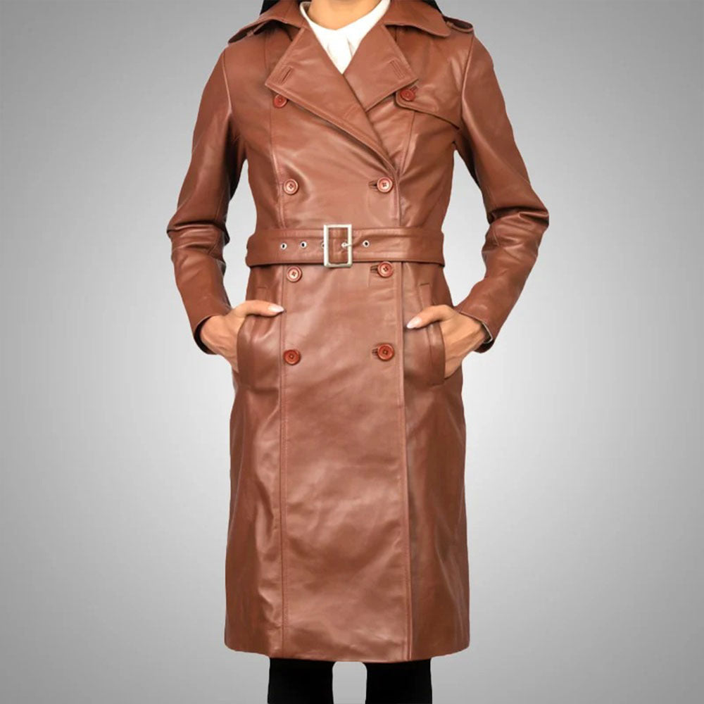 Women's Brown Double-Breasted Leather Trench Coat with Belt